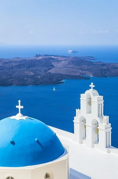 Blue dome and bell tower, St. Gerasimos church, Firostefani, Fira overlooking the Aegean Sea, Santorini (Thira), Cyclades Islands, Greek Islands, Greece, Europe