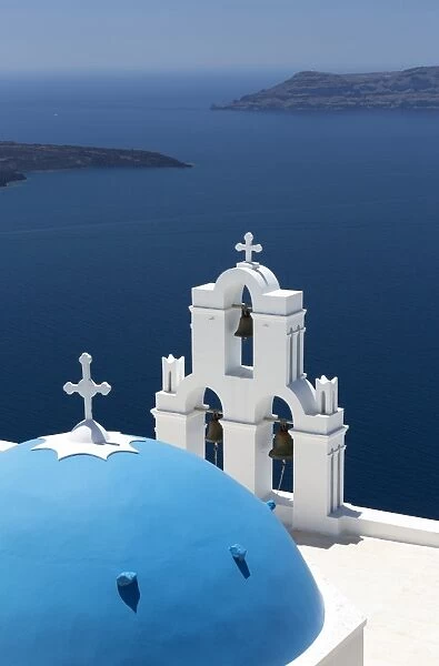 Blue dome and belltower of the church of St. Gerasimos, Firostefani, Fira, Santorini