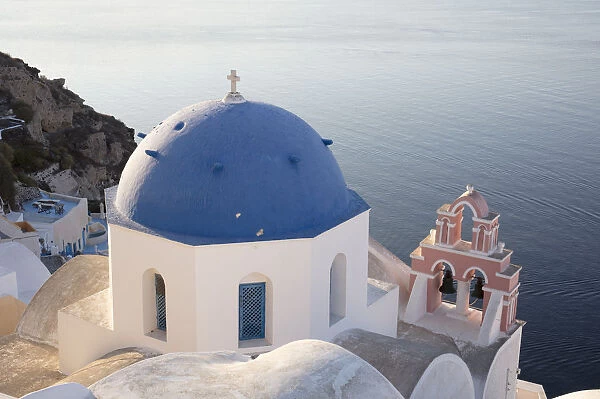 Blue-domed church in Santorini, Cyclades, Greek Islands, Greece, Europe