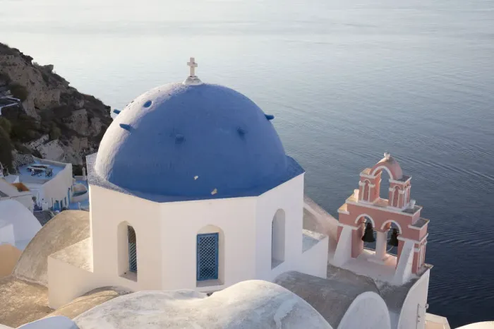 Framed Print : Blue-domed church in Santorini, Cyclades, Greek Islands, Greece, Europe Framed Print : Blue-domed church in Santorini, Cyclades, Greek Islands, Greece, Europe
