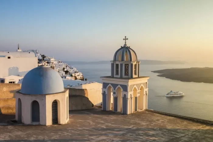 Framed Print : The blue domes of the churches dominate the Aegean Sea, Firostefani, Santorini, Cyclades Framed Print : The blue domes of the churches dominate the Aegean Sea, Firostefani, Santorini, Cyclades