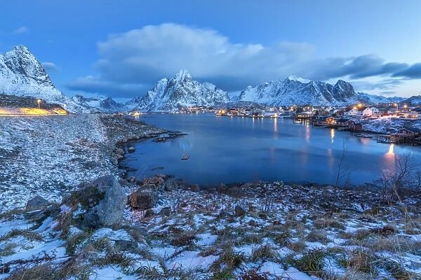 Blue of dusk dominates the scenery in Reine, Lofoten Islands, Arctic, Norway, Scandinavia