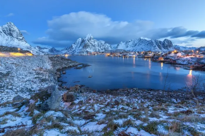 Framed Print : Blue of dusk dominates the scenery in Reine, Lofoten Islands, Arctic, Norway, Scandinavia Framed Print : Blue of dusk dominates the scenery in Reine, Lofoten Islands, Arctic, Norway, Scandinavia