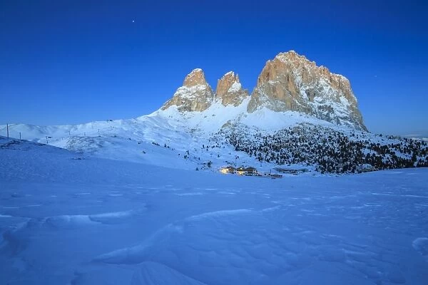 The blue dusk on Sassopiatto and Sassolungo, Fassa Valley, Sella Pass, Trentino-Alto Adige