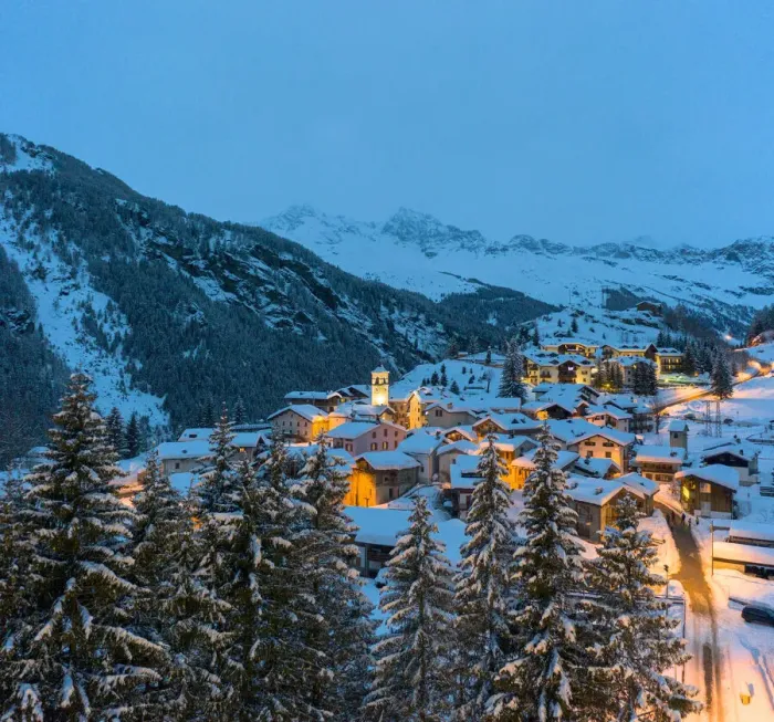 Framed Print : Blue dusk over snowcapped mountains and woods around the alpine huts of Pianazzo Framed Print : Blue dusk over snowcapped mountains and woods around the alpine huts of Pianazzo