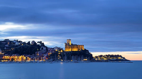 The blue hour at Lerici Castle, La Spezia province, Liguria, Italy, Europe