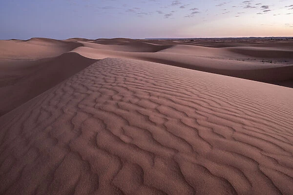 Blue hour on the Sahara Desert sand dune patterns, Erg Chebbi, Merzouga, Morocco