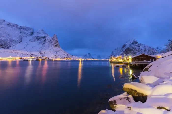 Framed Print : Blue hour in the small bay of Reine, where the lights of the houses reflect in the calm water surrounding the Lofoten Islands, Arctic, Norway, Scandinavia, Europe Framed Print : Blue hour in the small bay of Reine, where the lights of the houses reflect in the calm water surrounding the Lofoten Islands, Arctic, Norway, Scandinavia, Europe