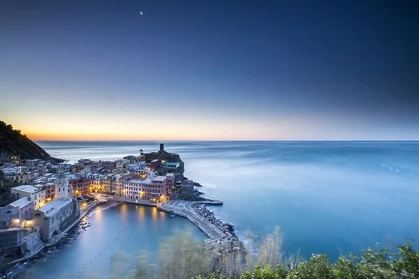 The blue hour in Vernazza, one of the many little villages in the Cinque Terre National Park, UNESCO World Heritage Site, Liguria, Italy, Europe