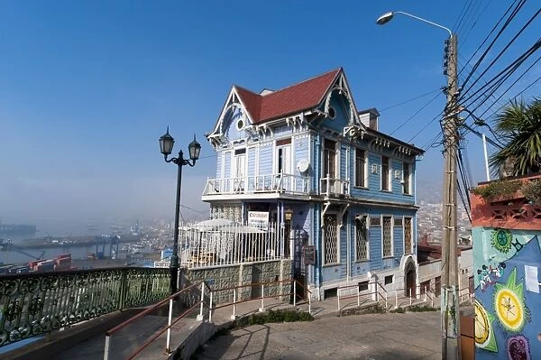 Blue house on Cerro Artilleria, Valparaiso, Chile, South America
