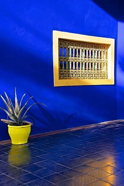 Detail of blue house and yellow plant pot in Majorelle Garden, Marrakech, Morocco, North Africa, Africa