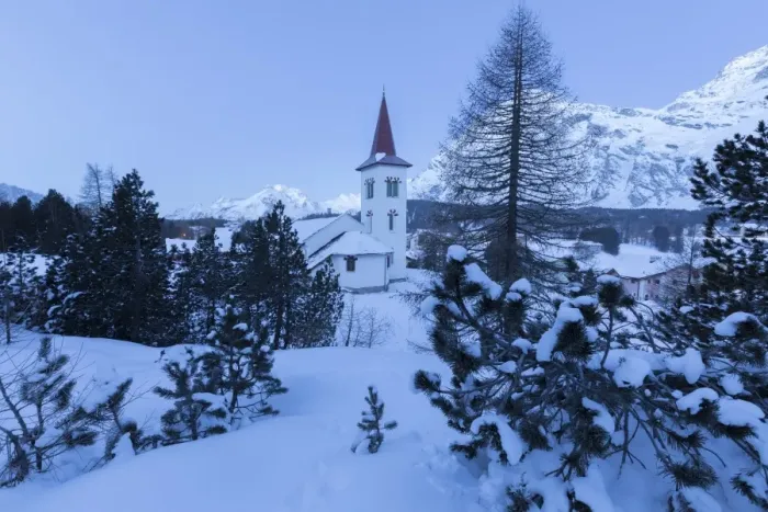 Framed Print : Blue lights of dusk on Chiesa Bianca framed by snowy trees, Maloja Pass, Engadine Framed Print : Blue lights of dusk on Chiesa Bianca framed by snowy trees, Maloja Pass, Engadine