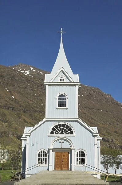 Blue Lutheran church at Seydisfjordur ferry terminal village