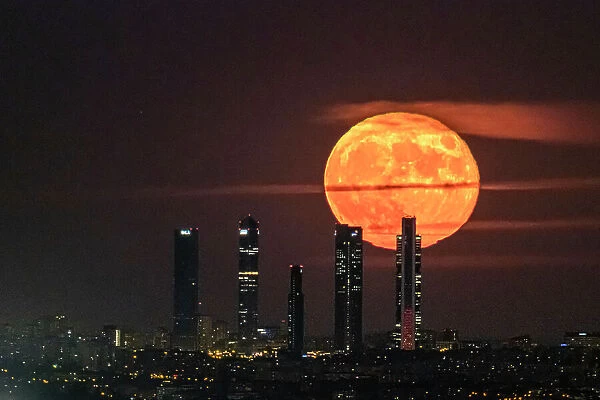 The Blue Moon, full moon at perigee, behind the Cuatro Torres skyscrapers in Madrid, Spain, Europe