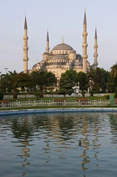 Blue Mosque reflected in pond, Sultanahmet Square, Istanbul, Turkey, Europe
