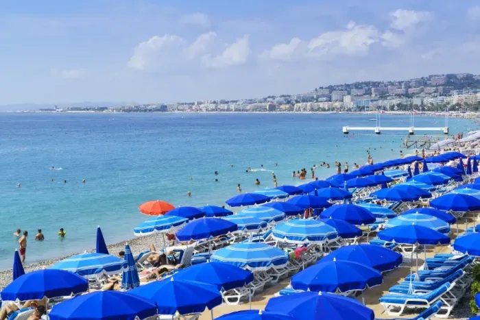 Framed Print : Blue parasols on the beach, Promenade des Anglais, Nice, Alpes Maritimes, Cote d Azur