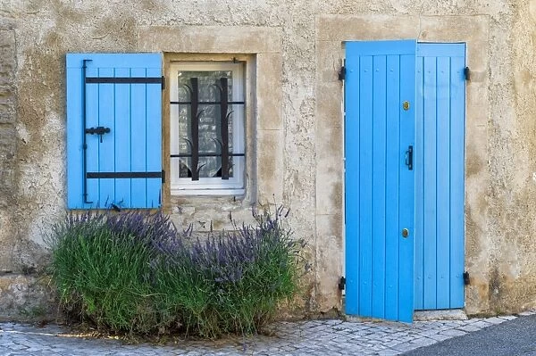 Blue shutter and door, Saint Remy de Provence, Bouches du Rhone, Provence Alpes Cote d Azur region