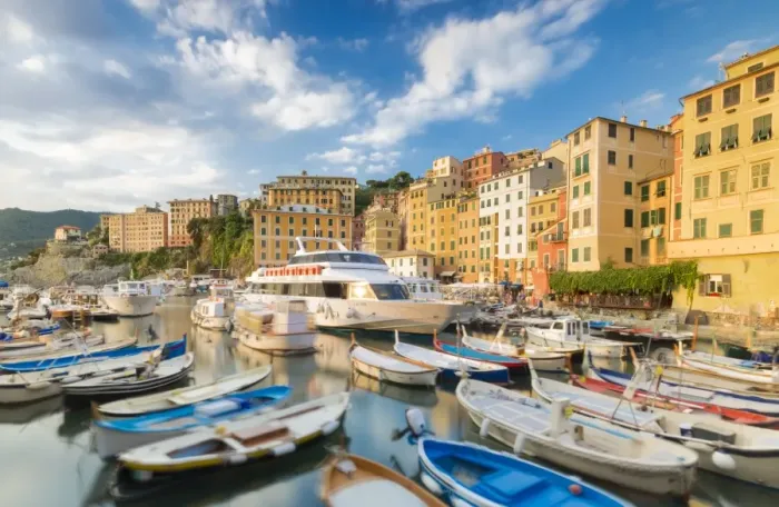 Framed Print : Blue sky over harbour of the fishing village of Camogli, Gulf of Paradise, Portofino National Park Framed Print : Blue sky over harbour of the fishing village of Camogli, Gulf of Paradise, Portofino National Park
