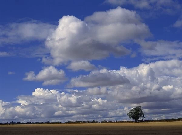 Blue sky with white clouds over farmland near Burford, Oxfordshire, England