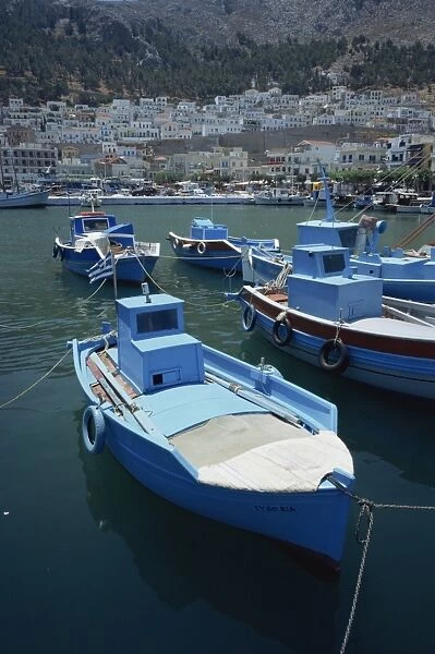 Blue sponge fishing boats in the harbour of Pothia