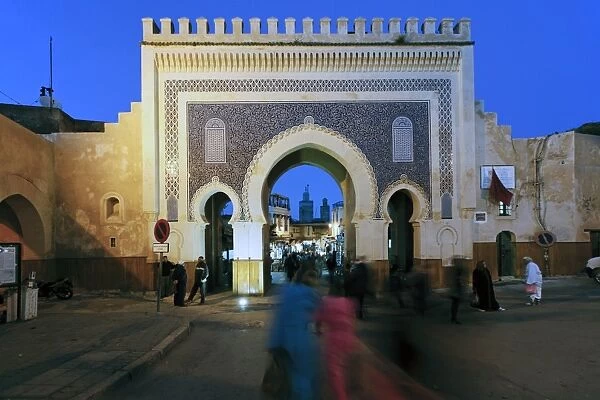 Blue tiled archway of the Bab Bou Jeloud city gate to medina, Fez, Middle Atlas, Morocco, Africa