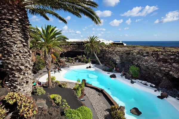 Blue and white pool, Jameos del Agua, near Arrieta, Lanzarote, Canary Islands, Spain