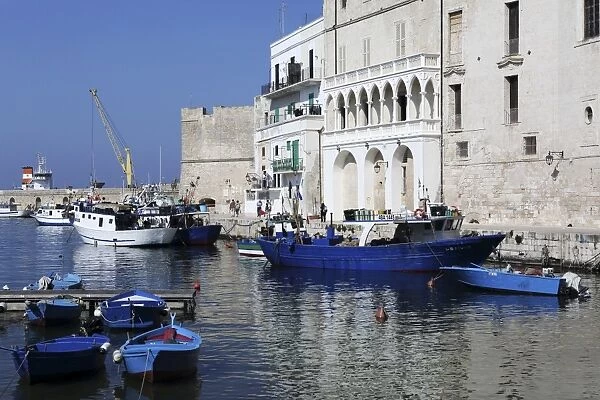 Blue wooden boats and fishing vessels in the walled harbour of Monopoli in Apulia