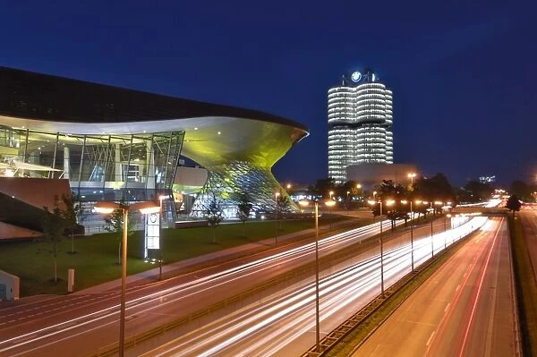 BMW Welt and Headquarters illuminated at night, Munich (Munchen), Bavaria
