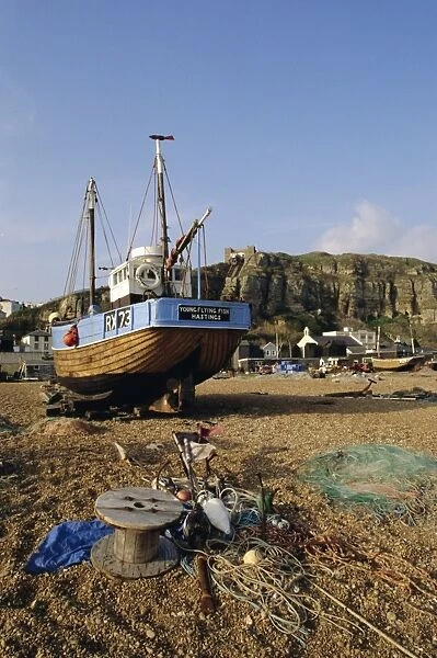 Boat on the beach at Hastings, East Sussex, England, UK, Europe