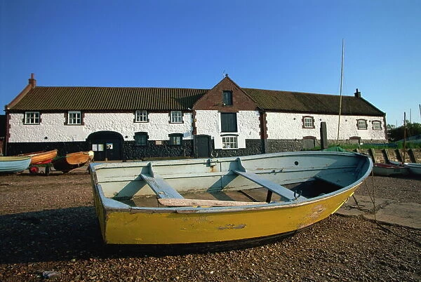 Boat and boathouse, Burnham Overy Staithe, Norfolk, England, United Kingdom, Europe