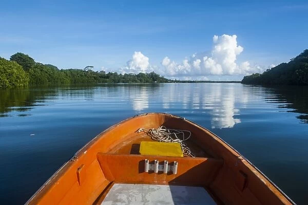 Boat cruising on a river in Pohnpei (Ponape), Federated States of Micronesia, Caroline Islands, Central Pacific, Pacific