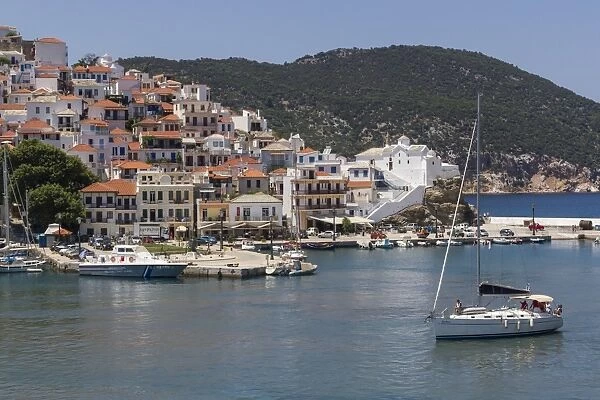 Boat entering harbour, Skopelos, Sporades, Greek Islands, Greece, Europe