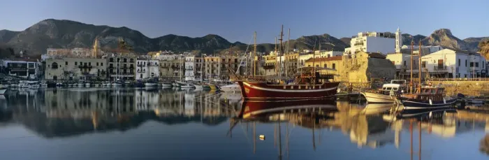 Framed Print : The boat filled harbour and mountains with mirror reflection, Kyrenia (Girne) Framed Print : The boat filled harbour and mountains with mirror reflection, Kyrenia (Girne)