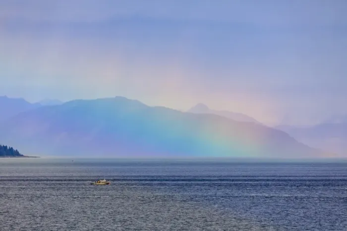 Framed Print : Boat, huge rainbow colours light up mist over the Fairweather Range, Icy Strait, near Glacier Bay Framed Print : Boat, huge rainbow colours light up mist over the Fairweather Range, Icy Strait, near Glacier Bay