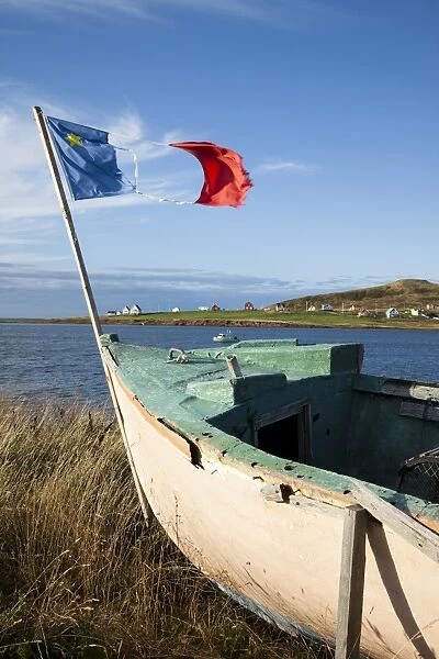 Boat on island in Gulf of St. Lawrence, Iles de la Madeleine (Magdalen Islands)