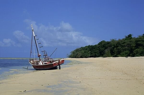 A boat moored on the beach on Green Island, Great Barrier Reef, Queensland