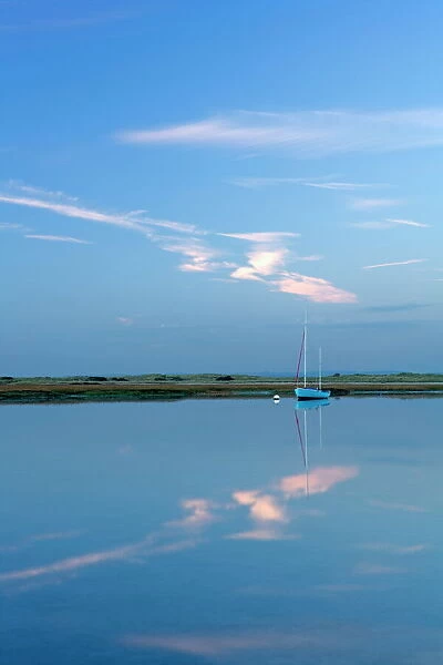 Boat moored at East Head, West Wittering, near Chichester, West Sussex
