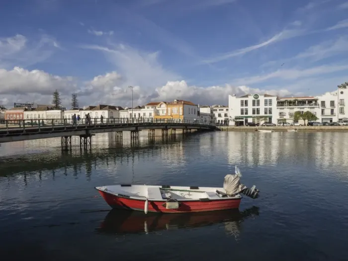 Framed Print : Boat and Pedestrian Bridge, River Gilao, Tavira, Algarve, Portugal, Europe Framed Print : Boat and Pedestrian Bridge, River Gilao, Tavira, Algarve, Portugal, Europe