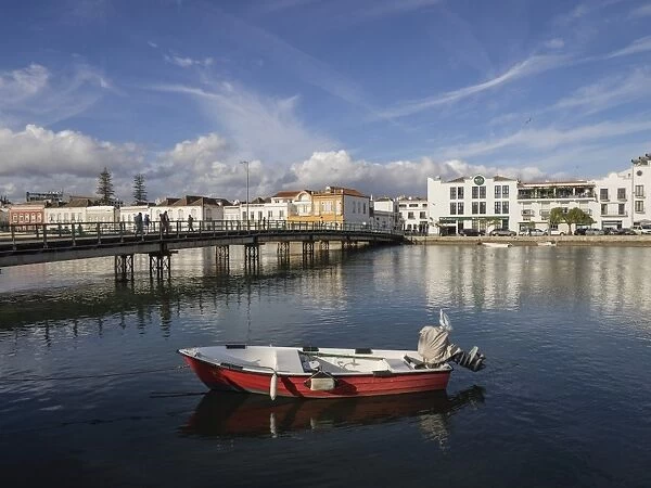 Boat and Pedestrian Bridge, River Gilao, Tavira, Algarve, Portugal, Europe