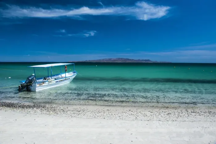 Framed Print : Boat on Playa Tecolote with Isla Espiritu Santo in the background, Baja California, Mexico, North America Framed Print : Boat on Playa Tecolote with Isla Espiritu Santo in the background, Baja California, Mexico, North America