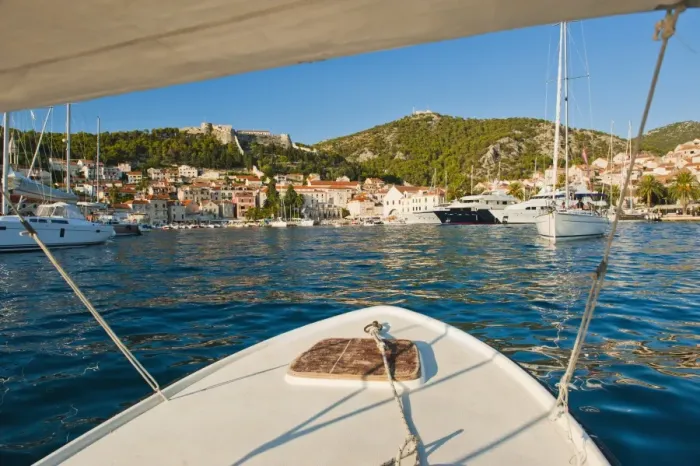 Framed Print : Boat trip returning to Hvar Town, Hvar Island, Dalmatian Coast, Adriatic, Croatia, Europe Framed Print : Boat trip returning to Hvar Town, Hvar Island, Dalmatian Coast, Adriatic, Croatia, Europe