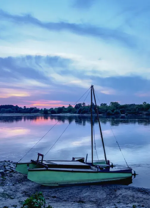 Framed Print : Boat and Vistula River at sunset, Mecmierz near Kazimierz Dolny, Lublin Voivodeship