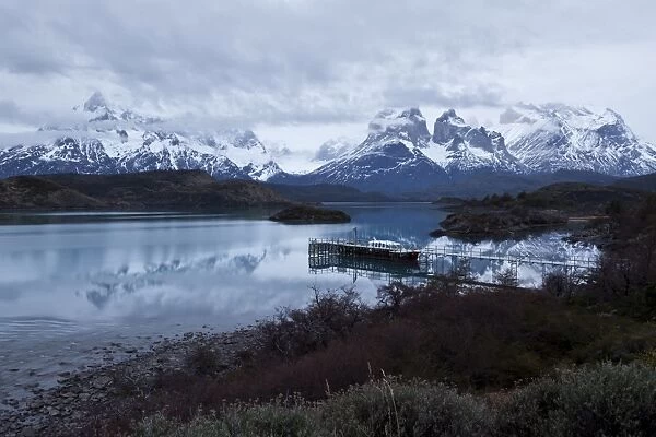 Boatdock, reflections in Lago Pehoe, Torres del Paine National Park, Patagonia, Chile, South America
