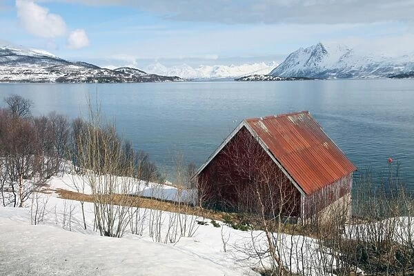 Boathouse on the island of Kvaloya (Whale Island), Troms, Norway, Scandinavia, Europe