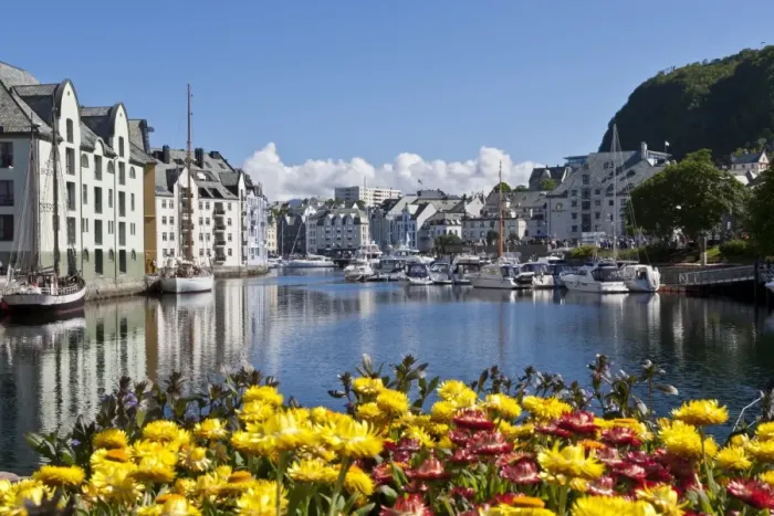 Framed Print : Boats and Art Nouveau buildings with waterside summer flowers, Alesund, More og Romsdal, Norway, Scandinavia, Europe Framed Print : Boats and Art Nouveau buildings with waterside summer flowers, Alesund, More og Romsdal, Norway, Scandinavia, Europe