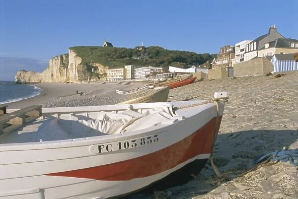 Boats on beach and Falaise d Amont, Etretat, Cote d Albatre (Alabaster Coast)