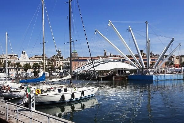 Boats and the Bigo at the Old Port in Genoa, Liguria, Italy, Europe