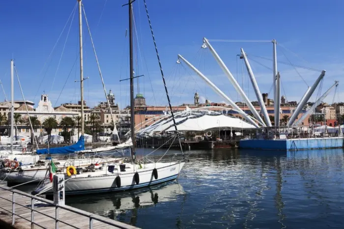 Framed Print : Boats and the Bigo at the Old Port in Genoa, Liguria, Italy, Europe Framed Print : Boats and the Bigo at the Old Port in Genoa, Liguria, Italy, Europe