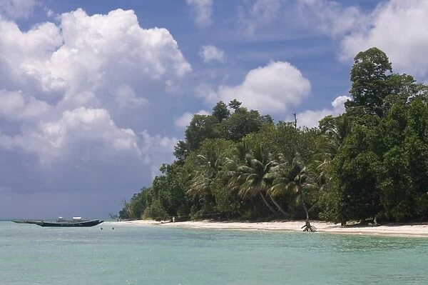Boats on coast in turquoise sea, Havelock Island, Andaman Islands, India