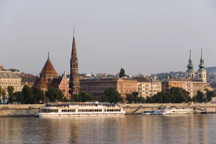 Framed Print : Boats on the Danube moored in front of the Calvinist Church Framed Print : Boats on the Danube moored in front of the Calvinist Church